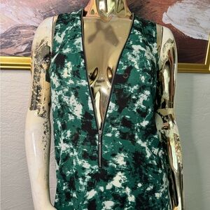 Deep V-neck Green Abstract Print Women's Top